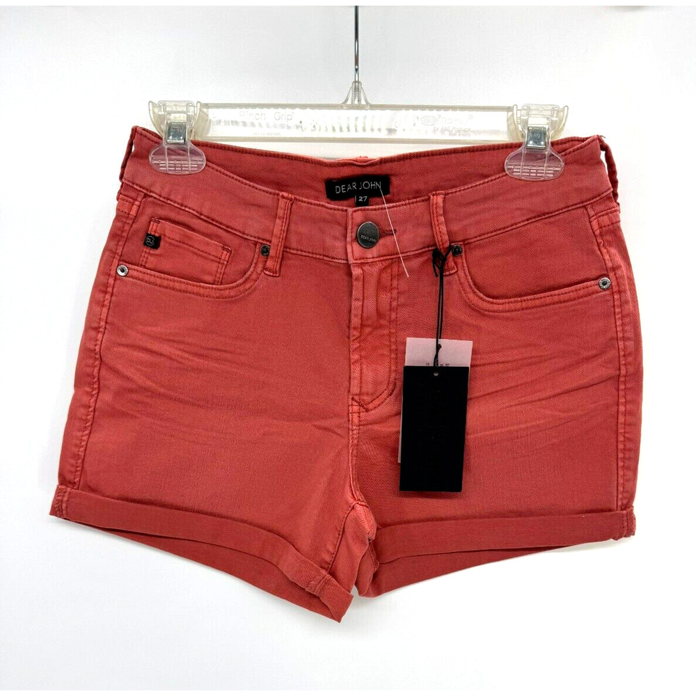 Dear John Womens Denim Mid Rise Boyfriend Shorts Roll Cuff Size 27 Red NWT